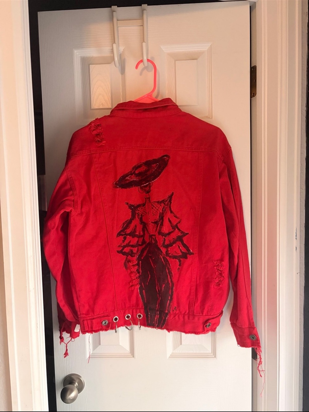 Red Painted Denim Jacket with Hand-Painted Back Art